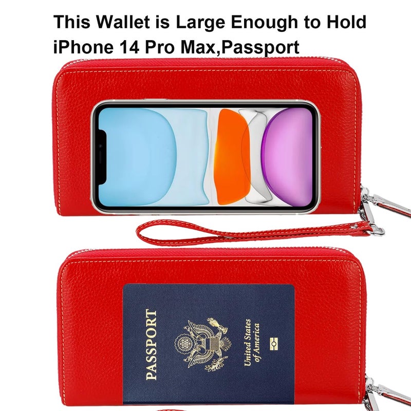 Lavemi Women's RFID Blocking 100% Leather Large Capacity Zip Around Wallet Phone Holder Clutch Travel Purse Wristlet(Large Size Pebble Red) - Image 5